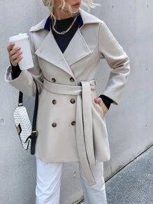 Chiquease Double Breasted Lapel Neck Belted Overcoat Fall Winter Cloth For Women - Beige - View 7