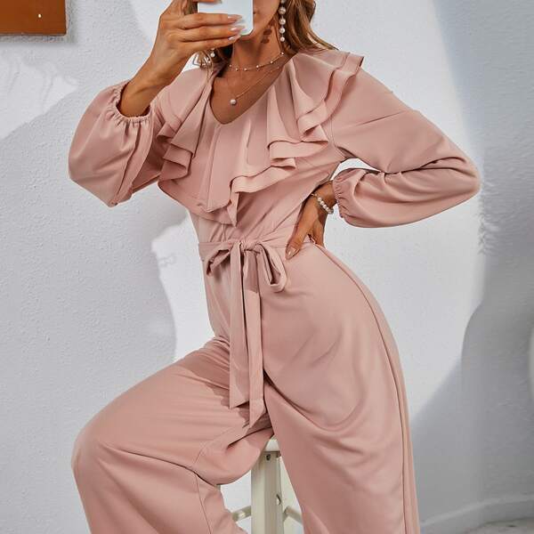 

Layered Ruffle Trim Bishop Sleeve Belted Jumpsuit, Dusty pink