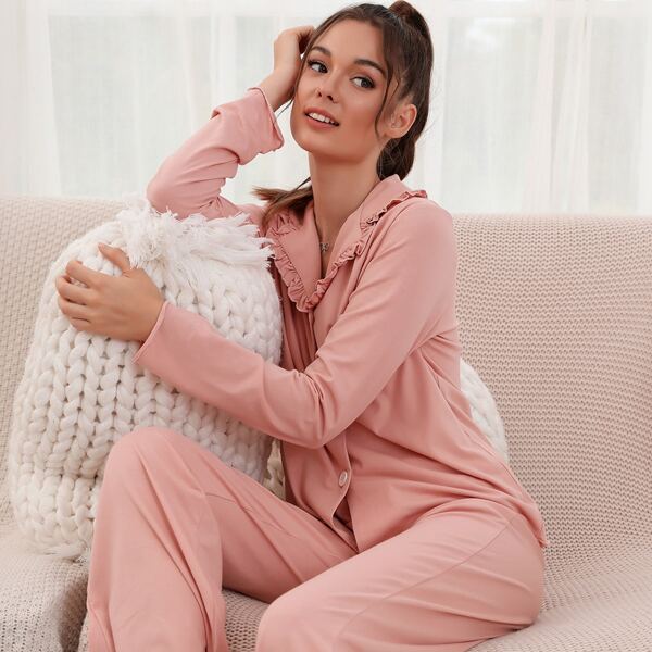 

Solid Button Up Ruffle Trim Shirt And Pants Lounge Set, Pink