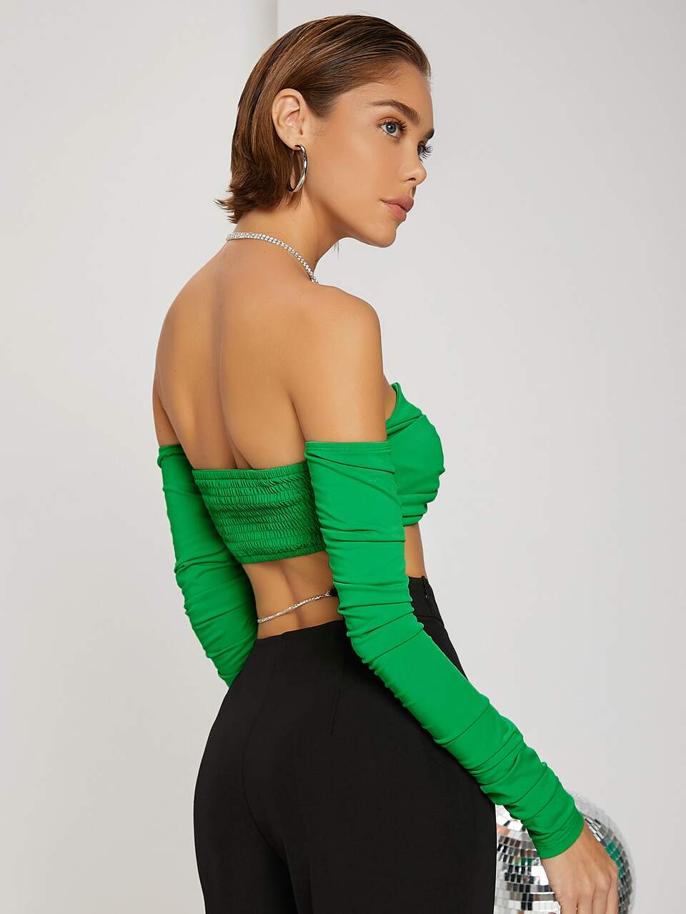 Twist Front Rhinestone Detail Ruched Shirred Crop Top