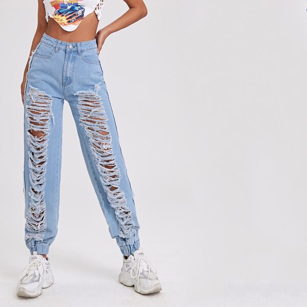 

High Waist Ripped Jogger Jeans, Light wash