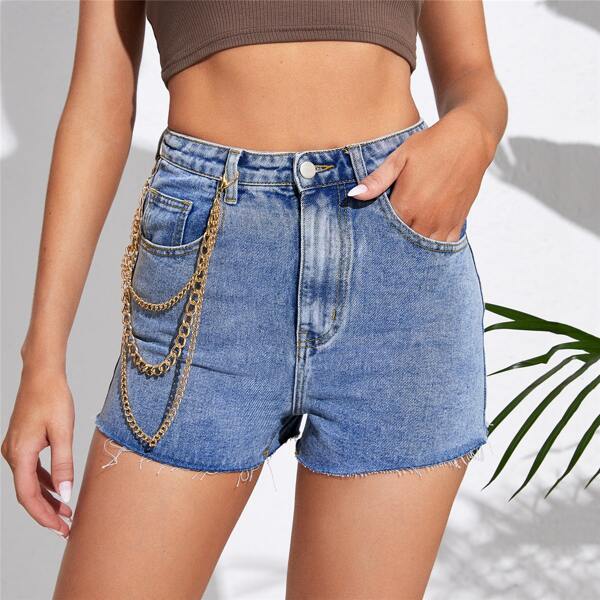 

High Waist Chain Detail Raw Hem Denim Shorts, Light wash