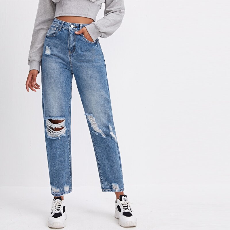 

High Waist Straight Leg Ripped Jeans, Medium wash