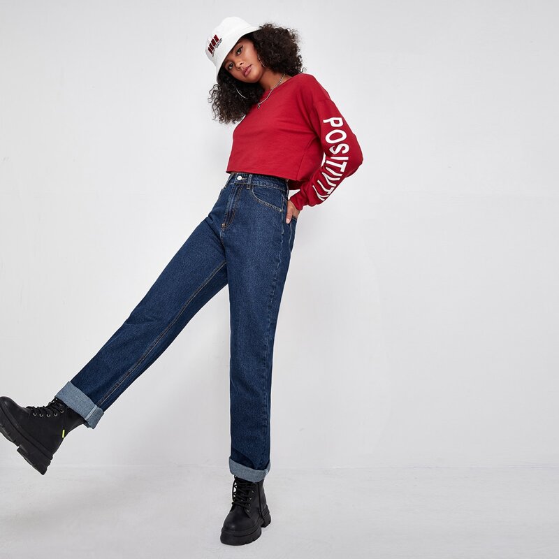

High Waisted Straight Leg Jeans, Dark wash