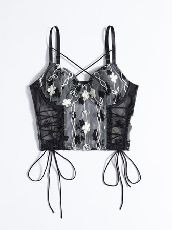 Floral Embroidery Lace Up Crop Cami