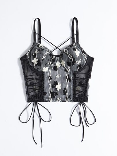 Floral Embroidery Lace Up Crop Cami