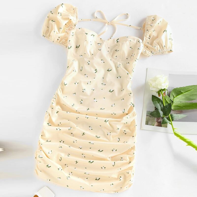 

Ditsy Floral Backless Ruched Dress, Yellow