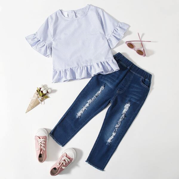 

Toddler Girls Striped Blouse With Ripped Jeans, Blue and white