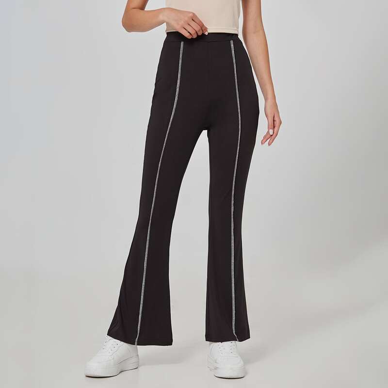 

Stitching Trim Flared Pants, Black