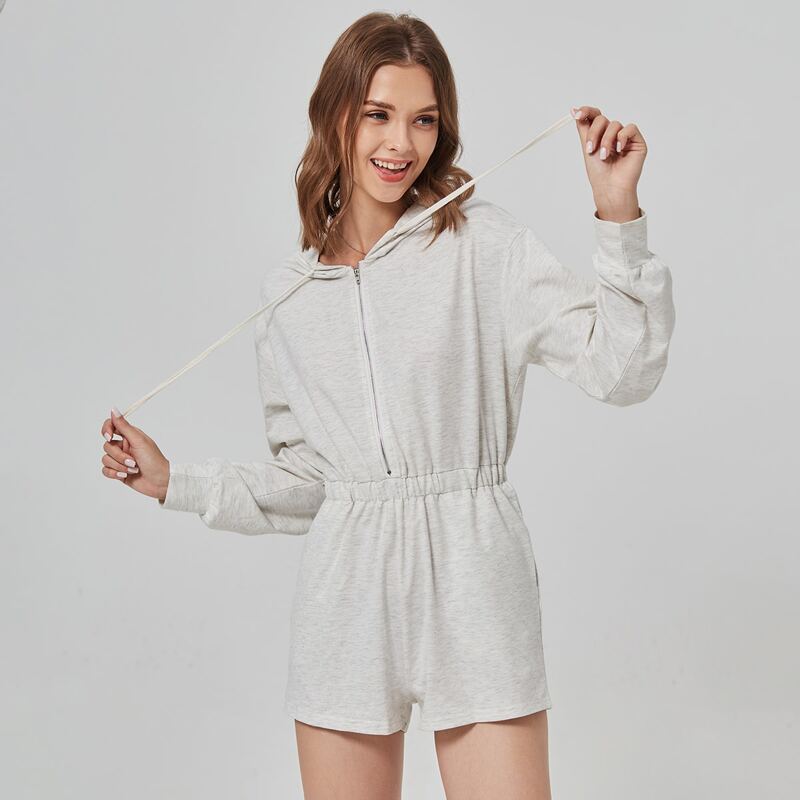 

Solid Zip Up Drawstring Hooded Romper, Light grey