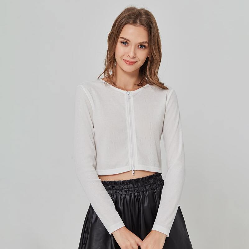 

Solid Zip Up Ribbed Crop Top, White