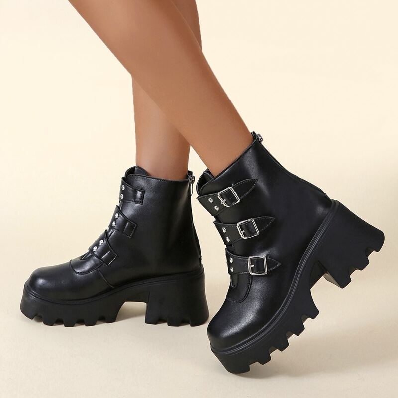 

Buckle Decor Platform Chunky Heeled Boots, Black