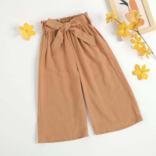 

Toddler Girls Paperbag Waist Belted Wide Leg Pants, Brown