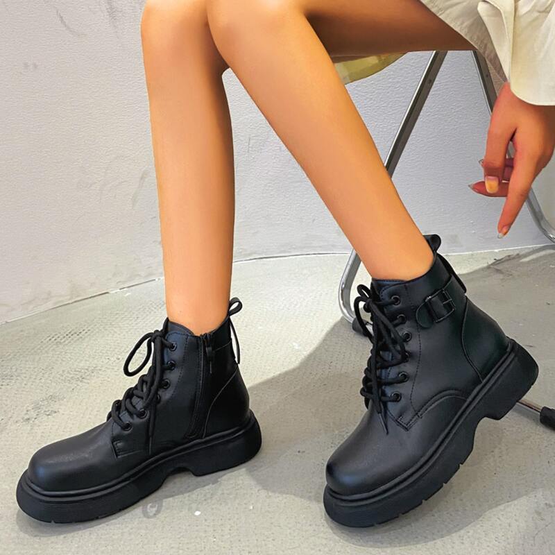 

Side Zipper Lace-up Front Boots, Black
