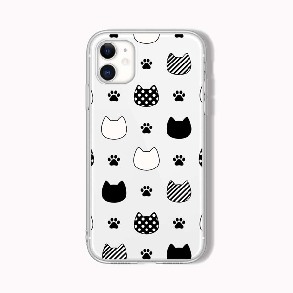 

Cat Pattern Clear Phone Case, Black and white