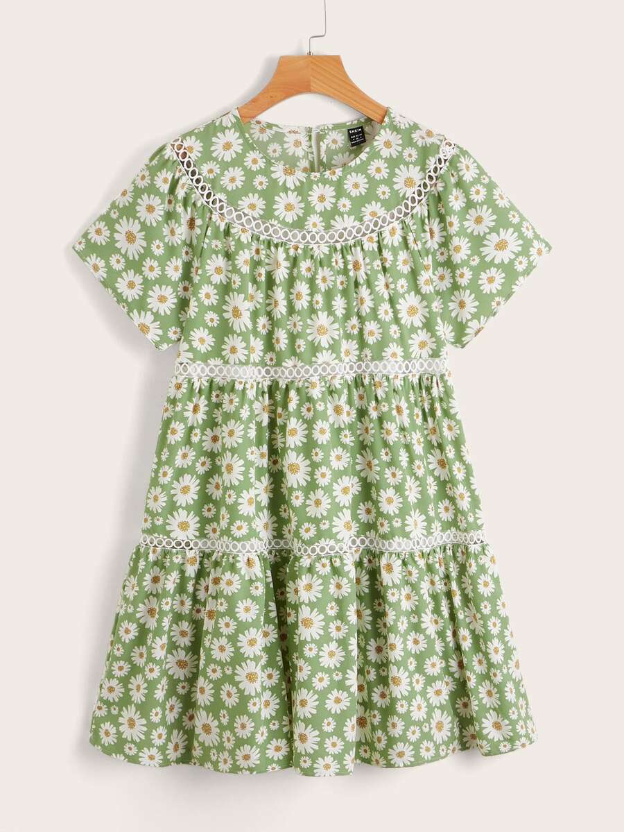 SHEIN Floral Print Guipure Lace Insert Keyhole Back Dress - Multicolor - View 1