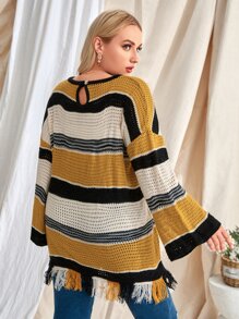 Plus Cut And Sew Drop Shoulder Fringe Hem Jumper - Multicolor - View 2