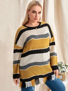 Plus Cut And Sew Drop Shoulder Fringe Hem Jumper - Multicolor - View 3