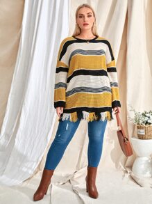 Plus Cut And Sew Drop Shoulder Fringe Hem Jumper - Multicolor - View 4