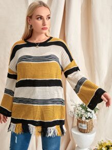 Plus Cut And Sew Drop Shoulder Fringe Hem Jumper - Multicolor - View 5