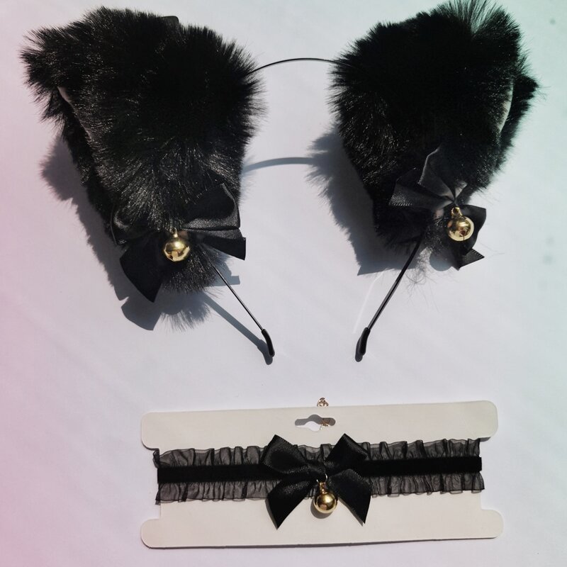 

1pc Ear Decor Headband & 1pc Bow Decor Choker, Black