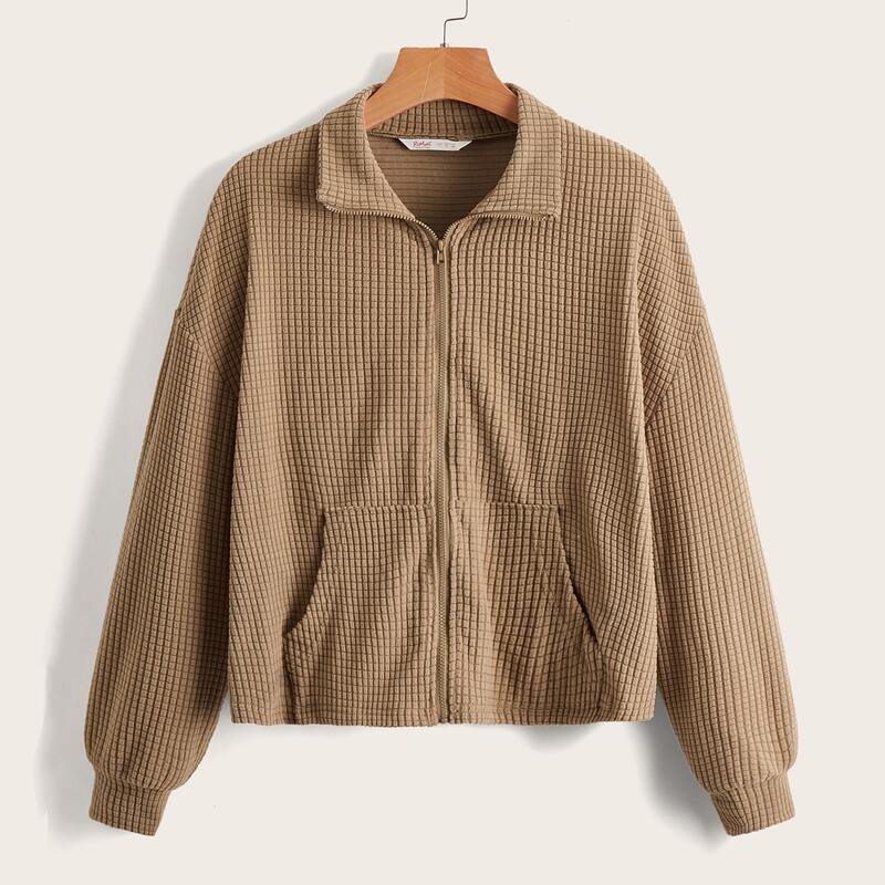 

Solid Zip Up Pocket Jacket, Mocha brown