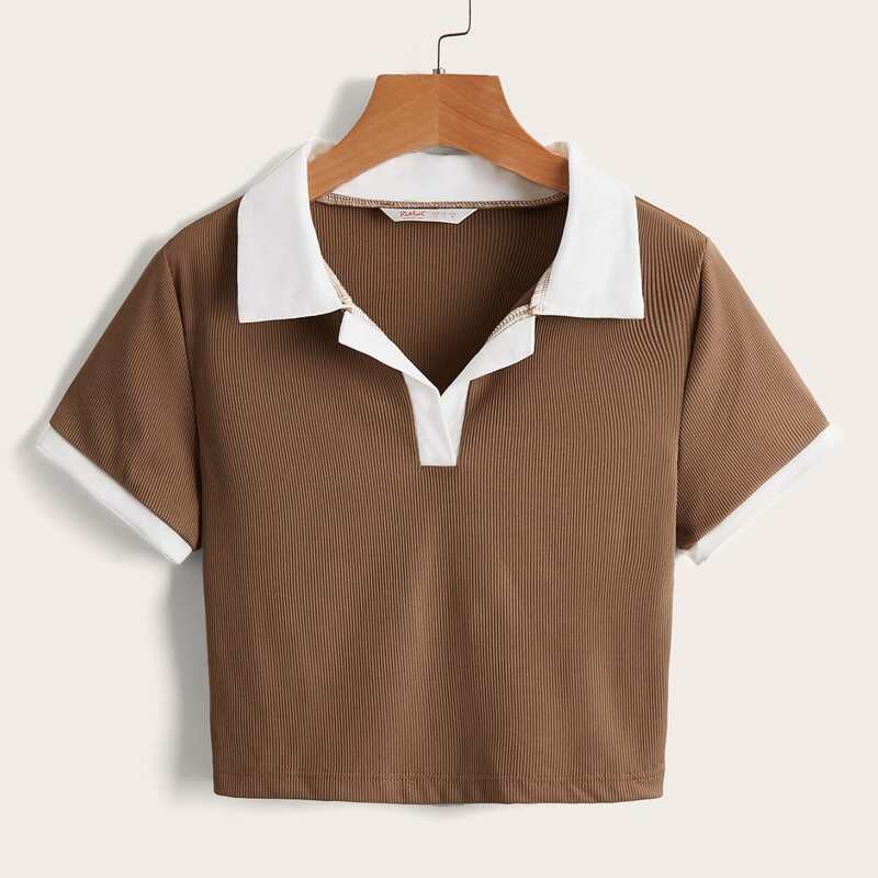 

Colorblock Ribbed Crop Tee, Mocha brown