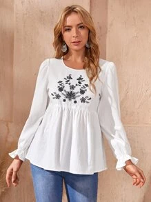 SHEIN Floral Embroidery Flounce Sleeve Smock Top - White - View 1