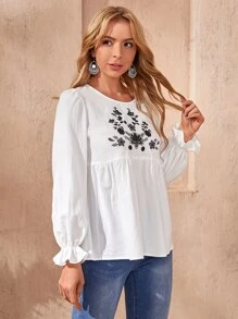 SHEIN Floral Embroidery Flounce Sleeve Smock Top - White - View 3