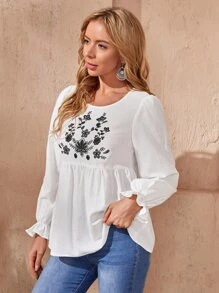SHEIN Floral Embroidery Flounce Sleeve Smock Top - White - View 4