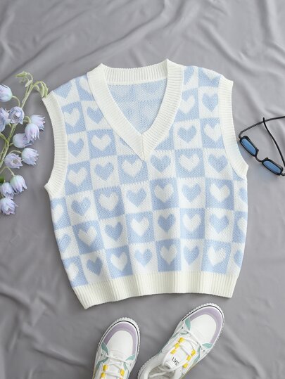 SHEIN Unity Heart & Checker Pattern Sweater Vest