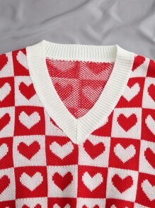 SHEIN Unity Chaleco de punto con estampado de corazones y cuadros para ropa de Año Nuevo - Rojo - Ver 5