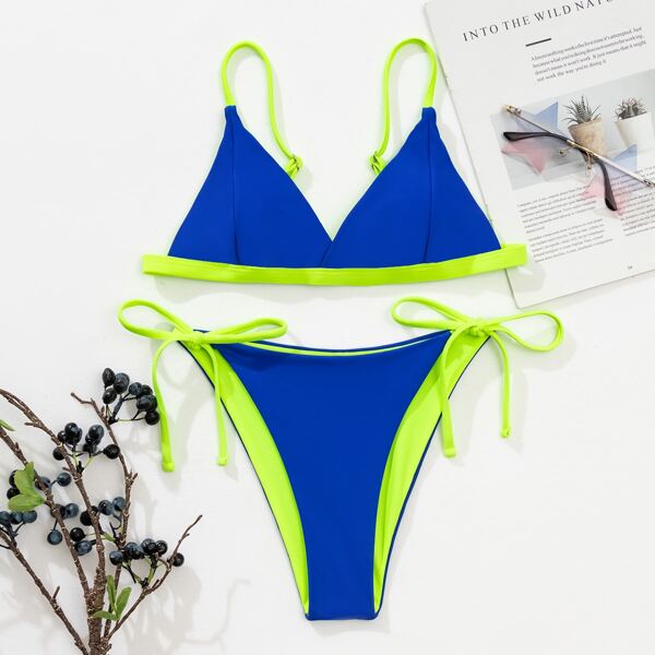 

Contrast Binding Triangle Tie Side Bikini Swimsuit, Royal blue