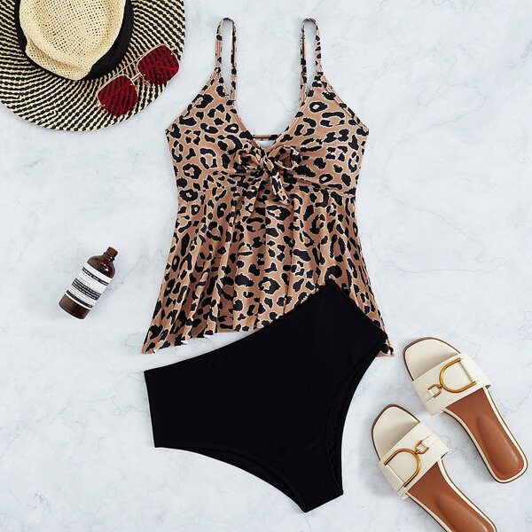 

Leopard Flounce Hem Knot Front Bikini Swimsuit, Multicolor