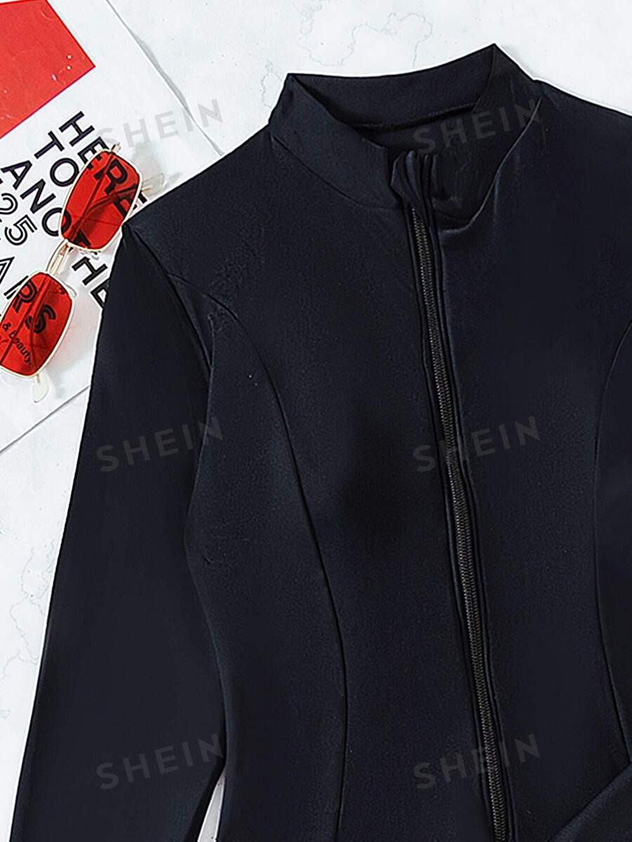 SHEIN Swim Basics Summer Beach Zip Front High Leg One Piece Swimsuit