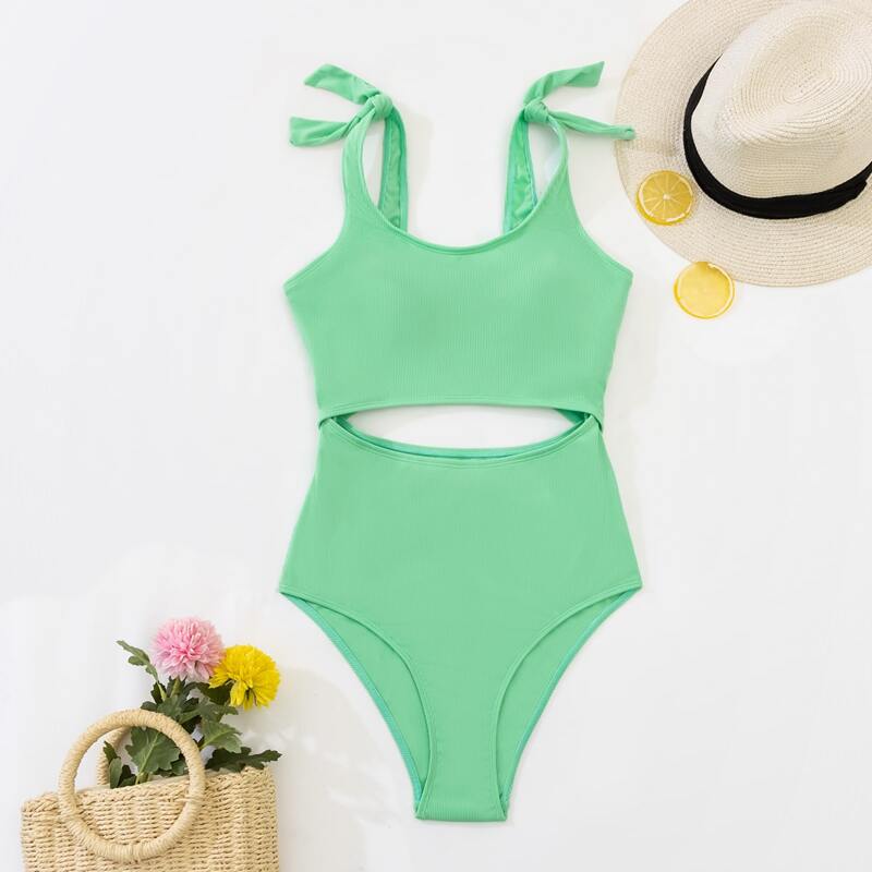 

Cut-out Tie Shoulder One Piece Swimsuit, Mint green