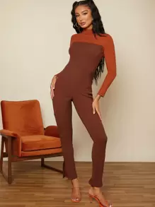 SHEIN BAE Cut Out Back Two Tone Split Hem Jumpsuit - Rust Brown - View 1