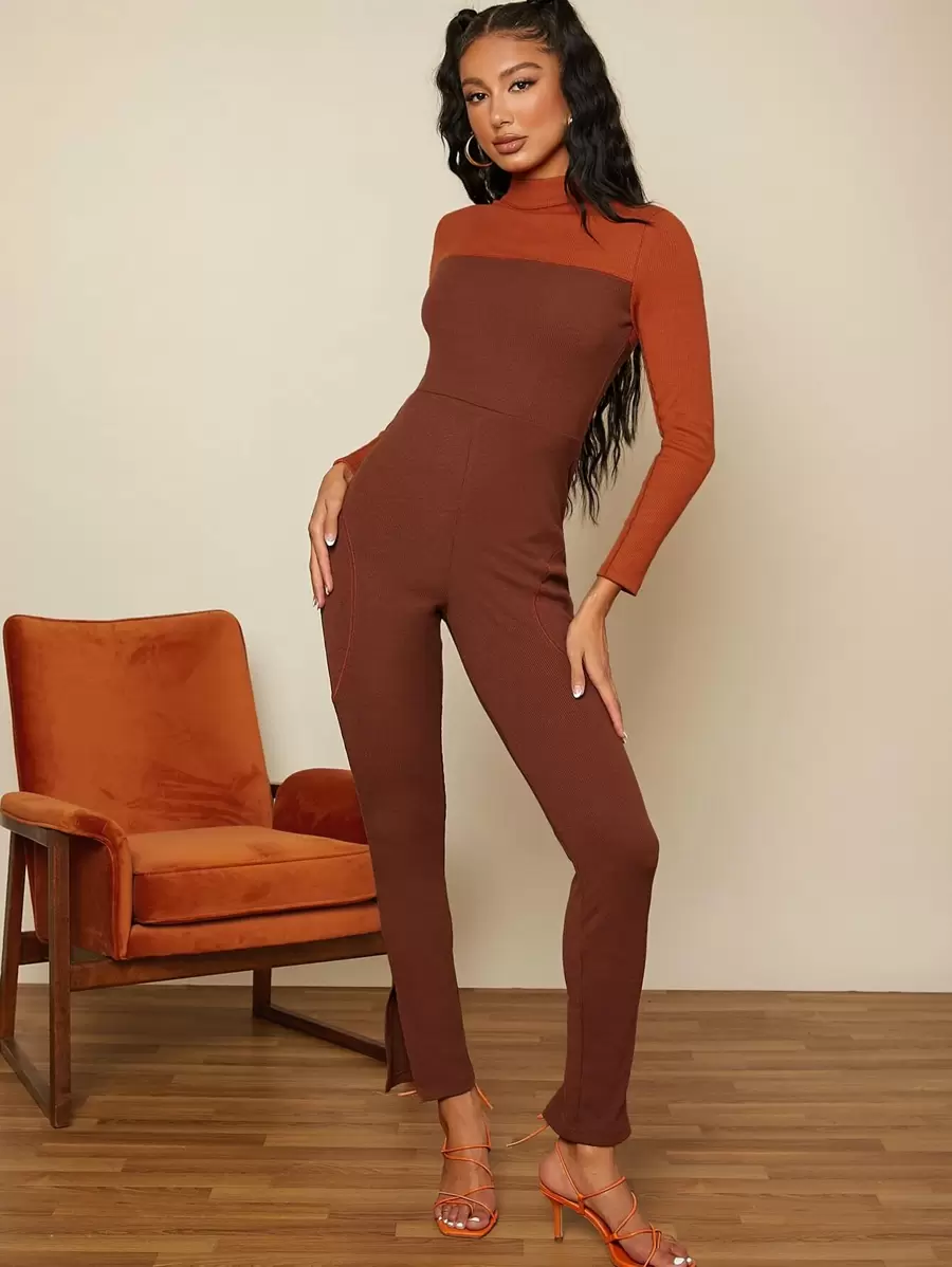 SHEIN BAE Cut Out Back Two Tone Split Hem Jumpsuit - Rust Brown - View 1