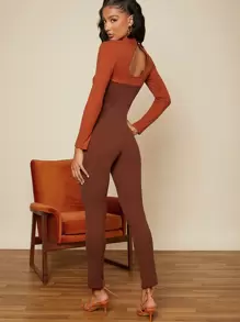 SHEIN BAE Cut Out Back Two Tone Split Hem Jumpsuit - Rust Brown - View 2