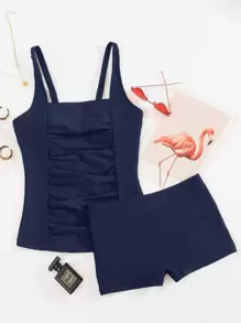 Summer Solid Tankini Set Ruched Tank Top & Shorts 2 Pieces Separate Bathing Suit - Navy Blue - View 3