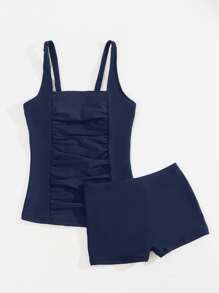 Summer Solid Tankini Set Ruched Tank Top & Shorts 2 Pieces Separate Bathing Suit - Navy Blue - View 4