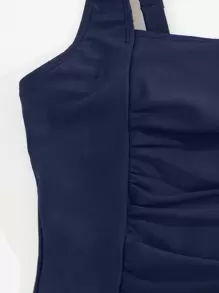 Summer Solid Tankini Set Ruched Tank Top & Shorts 2 Pieces Separate Bathing Suit - Navy Blue - View 5