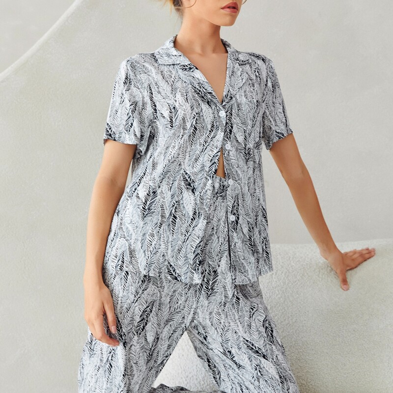 

Plants Print Button Front Pajama Set, Black and white