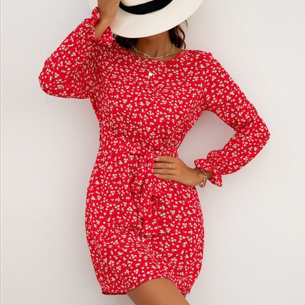 

Ditsy Floral Belted A-line Dress, Red