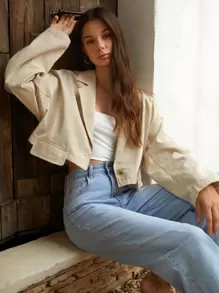 SHEIN Cazadora de cuello con solapa con estampado de rayas con botón de hombros caídos - Multicolor - Ver 1