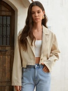 SHEIN Cazadora de cuello con solapa con estampado de rayas con botón de hombros caídos - Multicolor - Ver 4