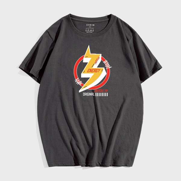 

Men Lightning & Letter Graphic Tee, Dark grey