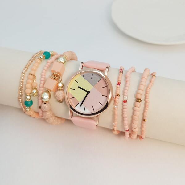 

1pc Color Block Dial Round Pointer Quartz Watch & 9pcs Bracelet