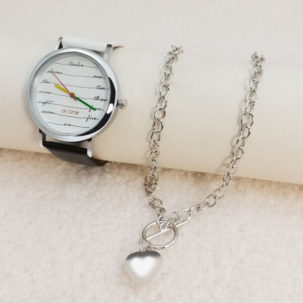 

1pc Minimalist Round Pointer Quartz Watch & 1pc Necklace