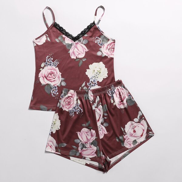 

Floral Print Lace Trim Cami Top & Shorts PJ Set, Multicolor